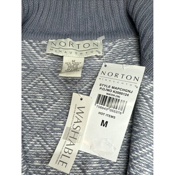 Norton Wool Sweater Cardigan Womens Medium Wool Blend Blue Fair Isle Zip NEW - Picture 5 of 7